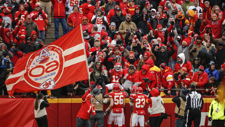 KANSAS CITY, MO – DECEMBER 29: Mecole Hardman #17 of the Kansas City Chiefs joined Kansas City Chiefs fans in the lower level after his 104-yard kick return for a touchdown in the third quarter against the Los Angeles Chargers at Arrowhead Stadium on December 29, 2019 in Kansas City, Missouri. (Photo by David Eulitt/Getty Images)