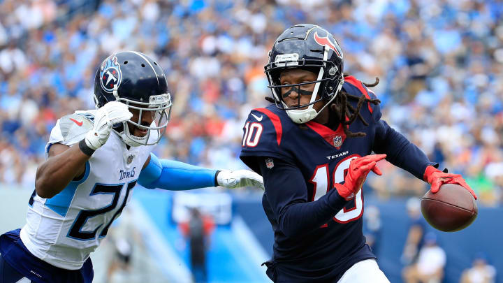 NASHVILLE, TN – SEPTEMBER 16: DeAndre Hopkins #10 of the Houston Texans rushes against Malcom Butler #21 of the Tennessee Titans during the second quarter at Nissan Stadium on September 16, 2018 in Nashville, Tennessee. (Photo by Andy Lyons/Getty Images)