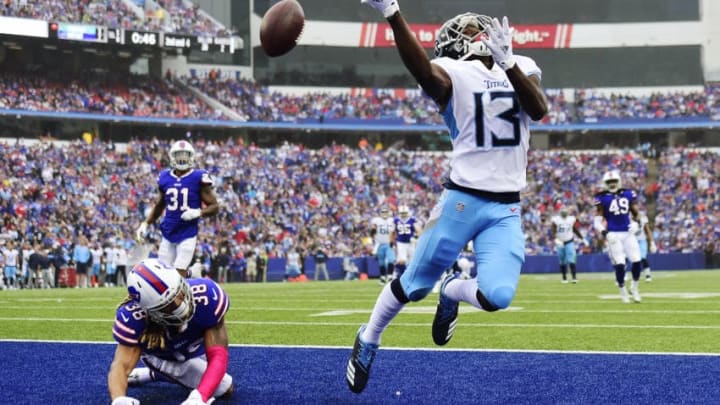 BUFFALO, NY - OCTOBER 07: Wide receiver Taywan Taylor #13 of the Tennessee Titans is in unable to catch a pass in the second quarter against the Buffalo Bills at New Era Field on October 7, 2018 in Buffalo, New York. (Photo by Patrick McDermott/Getty Images)