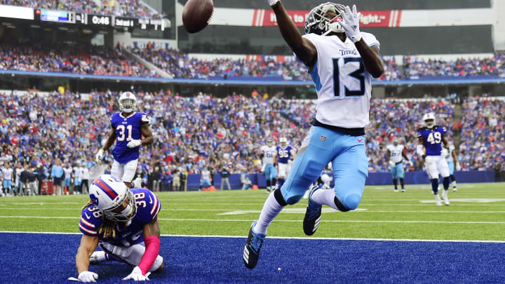 BUFFALO, NY – OCTOBER 07: Wide receiver Taywan Taylor #13 of the Tennessee Titans is in unable to catch a pass in the second quarter against the Buffalo Bills at New Era Field on October 7, 2018 in Buffalo, New York. (Photo by Patrick McDermott/Getty Images)
