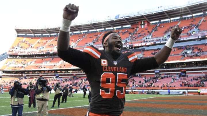 CLEVELAND, OH - NOVEMBER 11: Myles Garrett #95 of the Cleveland Browns celebrates defeating the Atlanta Falcons at FirstEnergy Stadium on November 11, 2018 in Cleveland, Ohio. The Browns won 28 to 16. (Photo by Jason Miller/Getty Images)