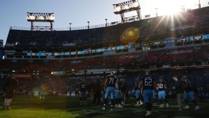 NASHVILLE, TN - DECEMBER 2: The Tennessee Titans warm up before playing the New York Jets at Nissan Stadium on December 2, 2018 in Nashville, Tennessee. (Photo by Frederick Breedon/Getty Images)