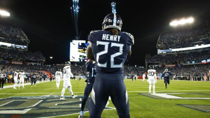 NASHVILLE, TN - DECEMBER 6: Derrick Henry #22 of the Tennessee Titans celebrates a touchdown during the fourth quarter against the Jacksonville Jaguars at Nissan Stadium on December 6, 2018 in Nashville, Tennessee. (Photo by Frederick Breedon/Getty Images)