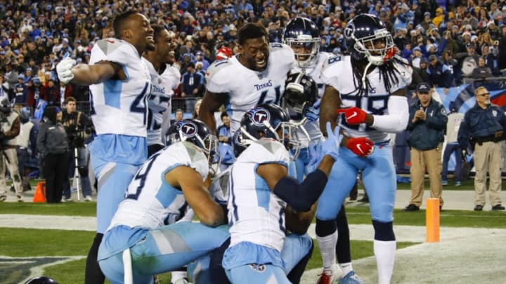 NASHVILLE, TN - DECEMBER 22: The Tennessee Titans celebrate the game winning interception against the Washington Redskins at Nissan Stadium on December 22, 2018 in Nashville, Tennessee. (Photo by Frederick Breedon/Getty Images)