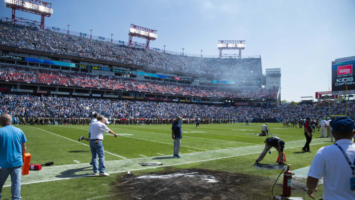 NASHVILLE, TN – SEPTEMBER 15: Detail view of charred section of sideline following a failed pyrotechnic device that burst into flames before the game between the Tennessee Titans and the Indianapolis Colts at Nissan Stadium on September 15, 2019 in Nashville, Tennessee. (Photo by Brett Carlsen/Getty Images)