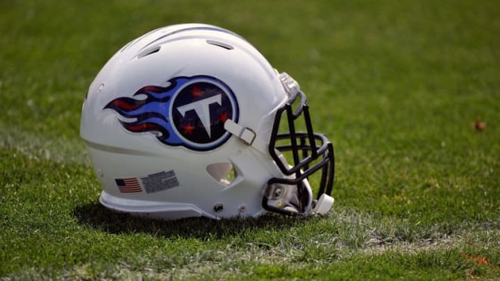 NASHVILLE, TN - MAY 16: A helmet rests on the ground at the Tennessee Titans rookie camp on May 16, 2014 in Nashville, Tennessee. (Photo by Frederick Breedon/Getty Images)
