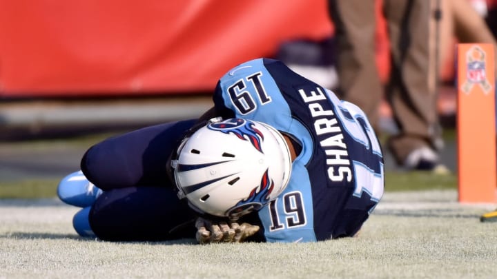 NASHVILLE, TN – NOVEMBER 13: Tajae Sharpe #19 of the Tennessee Titans lays in the end zone as a celebration after scoring a touchdown against the Green Bay Packers during the second half at Nissan Stadium on November 13, 2016 in Nashville, Tennessee. Sharpe was called for a personal foul on the play. (Photo by Frederick Breedon/Getty Images)