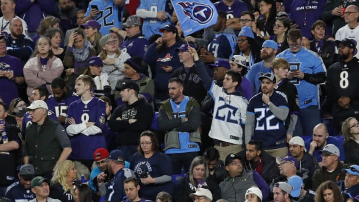 BALTIMORE, MD - JANUARY 11: A fan reacts during the third quarter of the AFC Divisional Playoff game between the Baltimore Ravens and the Tennessee Titans at M&T Bank Stadium on January 11, 2020 in Baltimore, Maryland. (Photo by Todd Olszewski/Getty Images)
