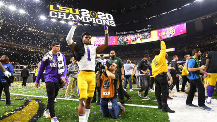 NEW ORLEANS, LA - JANUARY 13: Kristian Fulton #1 of the LSU Tigers celebrates after defeating the Clemson Tigers during the College Football Playoff National Championship held at the Mercedes-Benz Superdome on January 13, 2020 in New Orleans, Louisiana. (Photo by Jamie Schwaberow/Getty Images)