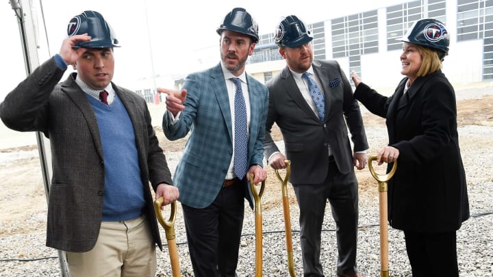 Titans owners Barclay Adams, Kenneth Adams IV and Amy Adams Strunk with general manager Jon Robinson (second from right) prepare to move some dirt during a groundbreaking ceremony for the expansion of Titans practice facility and corporate offices at Saint Thomas Sports Park Friday, Dec. 13, 2019 in Nashville, Tenn.Nas Titans 12 13 Groundbreaking 009