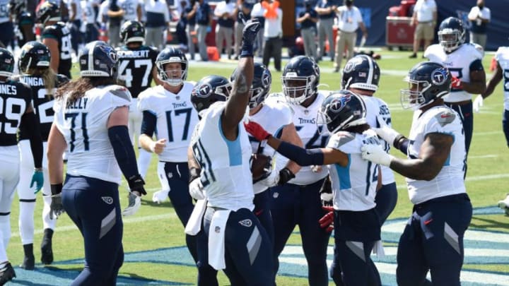 Tennessee Titans tight end Jonnu Smith (81) celebrates his touchdown during the first quarter at Nissan Stadium Sunday, Sept. 20, 2020 in Nashville, Tenn.An12927