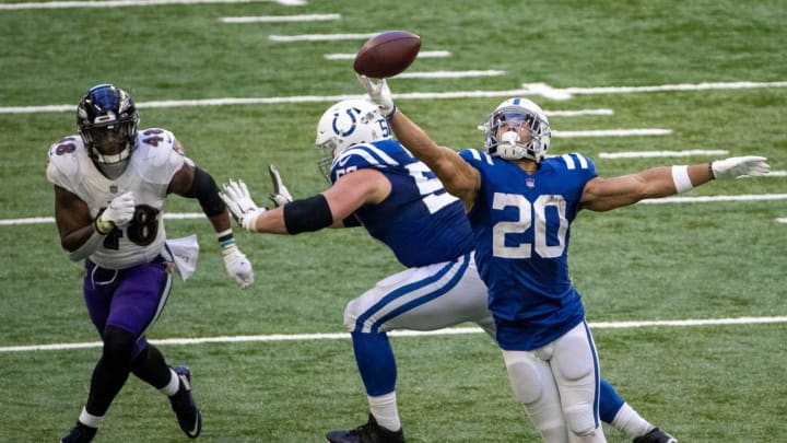Jordan Wilkins (20) of the Indianapolis Colts makes a circus catch as he tips this ball to himself for a reception as Baltimore Ravens take on Indianapolis Colts, at Lucas Oil Stadium, Indianapolis, Sunday, Nov. 8, 2020. Colts lost the contest 10-24.28 Coltsravens Rs