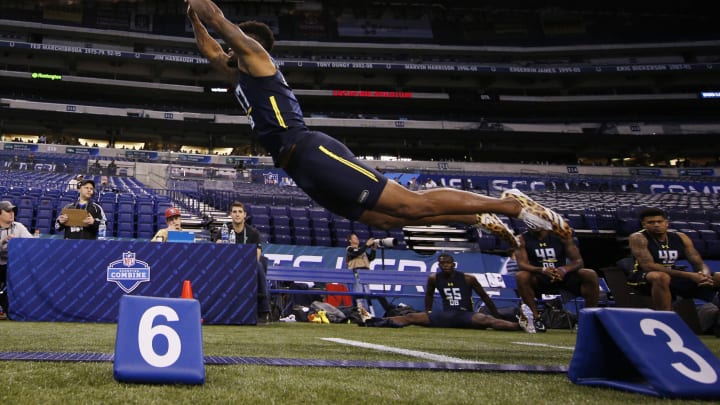 Mar 6, 2017; Indianapolis, IN, USA; Tennessee Volunteers defensive back Cam Sutton does the broad jump during the 2017 NFL Combine at Lucas Oil Stadium. Mandatory Credit: Brian Spurlock-USA TODAY Sports