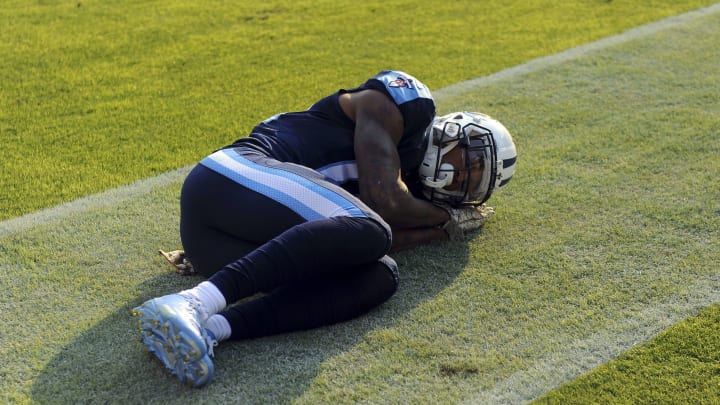 Nov 13, 2016; Nashville, TN, USA; Tennessee Titans wide receiver Tajae Sharpe (19) celebrates after a touchdown during the second half against the Green Bay Packers at Nissan Stadium. The Titans won 47-25. Mandatory Credit: Christopher Hanewinckel-USA TODAY Sports