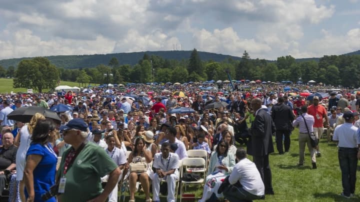 Jul 26, 2015; Cooperstown, NY, USA; A general view of the crowd prior to the Hall of Fame Induction Ceremonies at Clark Sports Center. Mandatory Credit: Gregory J. Fisher-USA TODAY Sports
