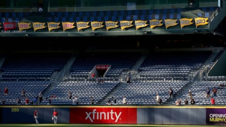 Sep 30, 2015; Atlanta, GA, USA; General view of the NL East pennant banners from past seasons before the Atlanta Braves host the Washington Nationals at Turner Field. Mandatory Credit: Jason Getz-USA TODAY Sports
