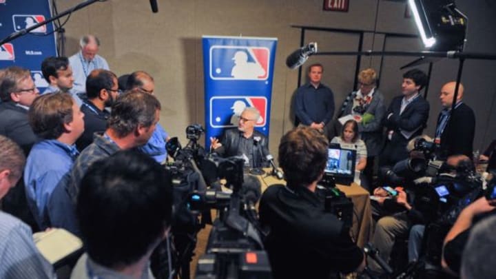 Dec 8, 2015; Nashville, TN, USA; Chicago Cubs manager Joe Maddon speaks with the media during the MLB winter meetings at Gaylord Opryland Resort . Mandatory Credit: Jim Brown-USA TODAY Sports