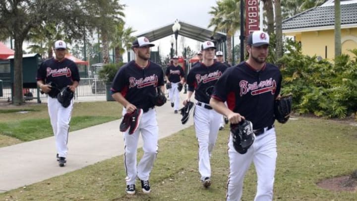 Feb 23, 2015; Lake Buena Vista, FL, USA; Atlanta Brave pitchers report to the field during spring training workouts at Champion Stadium. Mandatory Credit: Reinhold Matay-USA TODAY Sports