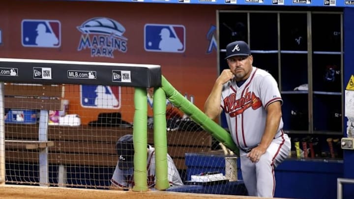 Sep 27, 2015; Miami, FL, USA; Atlanta Braves manager Fredi Gonzalez watches game action during the first inning of a game against the Miami Marlins at Marlins Park. Mandatory Credit: Robert Mayer-USA TODAY Sports