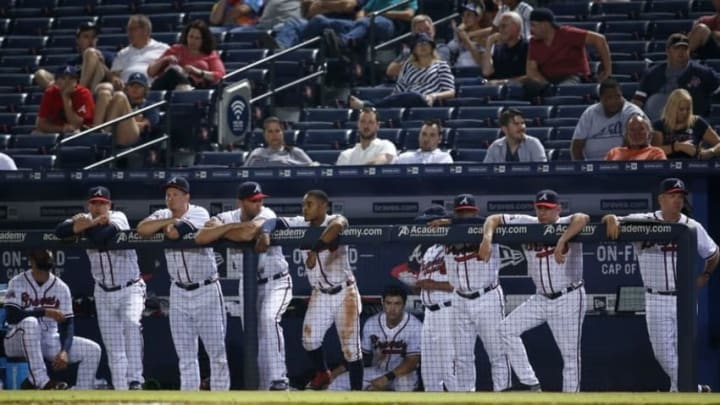 May 25, 2016; Atlanta, GA, USA; The Atlanta Braves watch from the dugout in the bottom of the 13th inning of their game against the Milwaukee Brewers at Turner Field. The Brewers won 3-2 in 13 innings. Mandatory Credit: Jason Getz-USA TODAY Sports