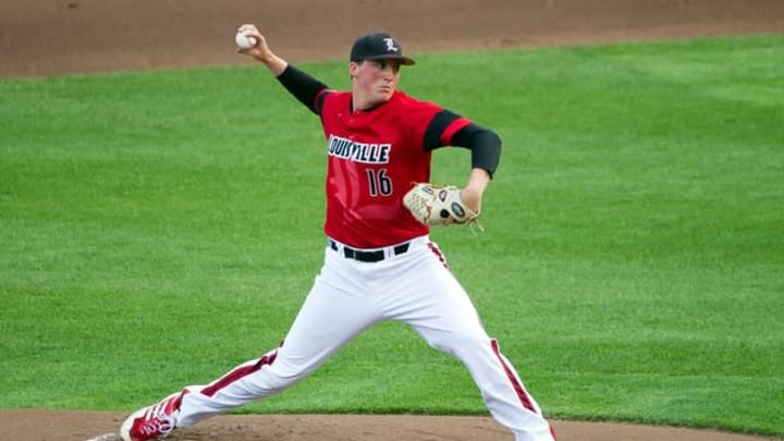 Jun 14, 2014; Omaha, NE, USA; Louisville Cardinals pitcher Kyle Funkhouser (16) returned to school for his senior year could he be the Braves choise in round three? Mandatory Credit: Steven Branscombe-USA TODAY Sports