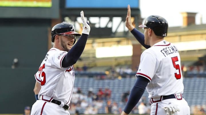 May 26, 2016; Atlanta, GA, USA; Atlanta Braves catcher Tyler Flowers (25) celebrates with first baseman Freddie Freeman (5) after a home run against the Milwaukee Brewers in the first inning at Turner Field. Mandatory Credit: Brett Davis-USA TODAY Sports May 26, 2016; Atlanta, GA, USA; Atlanta Braves catcher Tyler Flowers (25) celebrates with first baseman Freddie Freeman (5) after a home run against the Milwaukee Brewers in the first inning at Turner Field. Mandatory Credit: Brett Davis-USA TODAY Sports