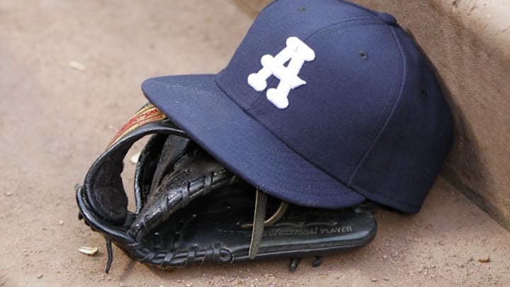 Jun 25, 2016; Atlanta, GA, USA; An Atlanta Braves throwback hat is seen in the dugout during a game against the New York Mets in the fifth inning at Turner Field. Mandatory Credit: Brett Davis-USA TODAY Sports