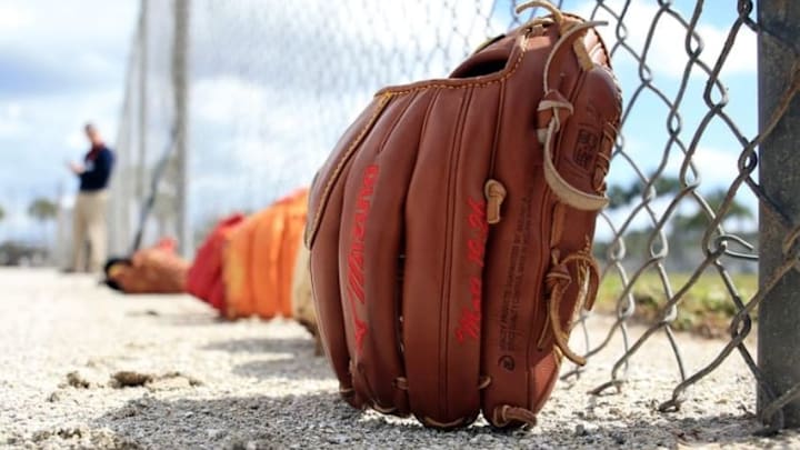 Feb 18, 2016; Jupiter, FL, USA; A general view of an MLB glove leaning along the practice field at Roger Dean Stadium. Mandatory Credit: Steve Mitchell-USA TODAY Sports