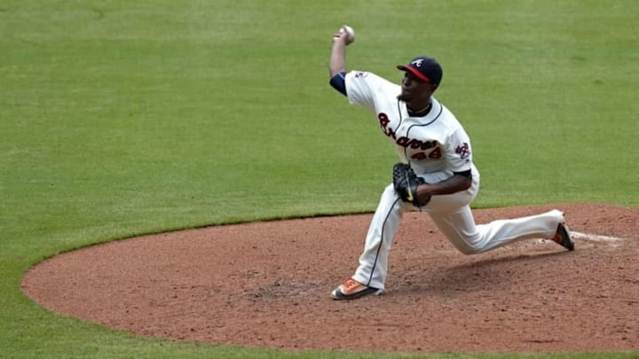Jul 17, 2016; Atlanta, GA, USA; Atlanta Braves starting pitcher Julio Teheran (49) delivers a pitch to a Colorado Rockies batter in the sixth inning of their game at Turner Field. Mandatory Credit: Jason Getz-USA TODAY Sports