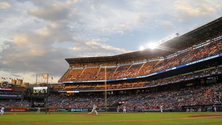 Jul 29, 2016; Atlanta, GA, USA; General view of Turner Field as Philadelphia Phillies starting pitcher Vince Velasquez (28) throws a pitch against the Atlanta Braves in the third inning at Turner Field. Mandatory Credit: Brett Davis-USA TODAY Sports