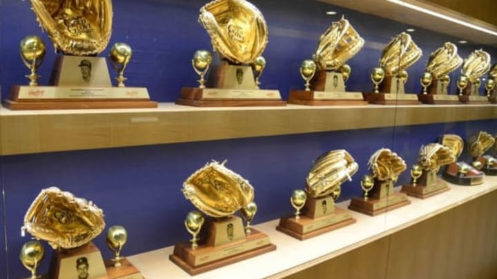 Jun 6, 2016; Los Angeles, CA, USA; General view of Golden Glove awards of Los Angeles Dodgers players at Dodger Stadium. Mandatory Credit: Kirby Lee-USA TODAY Sports