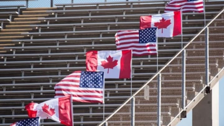Feb 7, 2015; Arlington, TX, USA; A view of the flags during the first half of the game between Team USA and Team Canada in the International Bowl at Maverick Stadium. Team USA shuts out Team Canada 35-0. Mandatory Credit: Jerome Miron-USA TODAY Sports