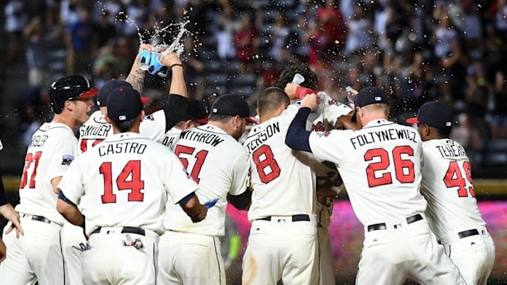 Sep 10, 2016; Atlanta, GA, USA; Atlanta Braves celebrate their walk-off win over the New York Mets during the tenth inning at Turner Field. Braves won 4-3. Mandatory Credit: Shanna Lockwood-USA TODAY Sports