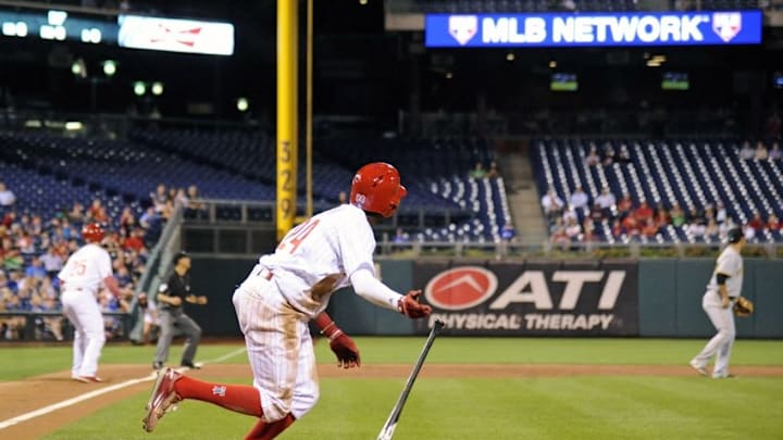 Sep 12, 2016; Philadelphia, PA, USA; Philadelphia Phillies right fielder Roman Quinn (24) hits an RBI double during the second inning against the Pittsburgh Pirates at Citizens Bank Park. Mandatory Credit: Eric Hartline-USA TODAY Sports