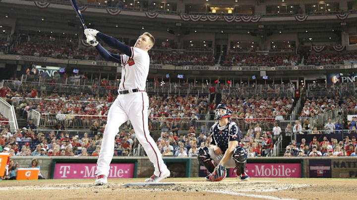 WASHINGTON, DC - JULY 16: Freddie Freeman #5 of the Atlanta Braves during the T-Mobile Home Run Derby at Nationals Park on July 16, 2018 in Washington, DC. (Photo by Patrick Smith/Getty Images)