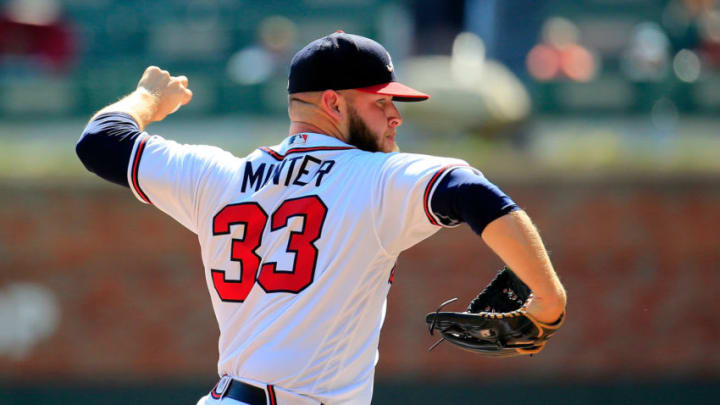 ATLANTA, GA - SEPTEMBER 19: A.J. Minter #33 of the Atlanta Braves pitches during the ninth inning against the St. Louis Cardinals at SunTrust Park on September 19, 2018 in Atlanta, Georgia. (Photo by Daniel Shirey/Getty Images)