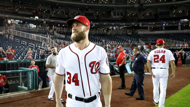 WASHINGTON, DC – SEPTEMBER 26: Bryce Harper #34 of the Washington Nationals looks around at the crowd following the Nationals 9-3 win over the Miami Marlins at Nationals Park on September 26, 2018 in Washington, DC. (Photo by Rob Carr/Getty Images)