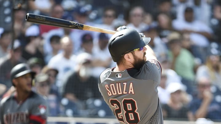 SAN DIEGO, CA – SEPTEMBER 30: Steven Souza Jr. #28 of the Arizona Diamondbacks hits a solo home run during the sixth inning of a baseball game against the San Diego Padres at PETCO Park on September 30, 2018 in San Diego, California. (Photo by Denis Poroy/Getty Images)
