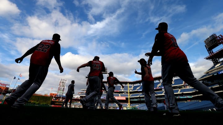 Nick Markakis #22, Adam Duvall #23 and Preston Tucker #8 of the Atlanta Braves. (Photo by Rich Schultz/Getty Images)