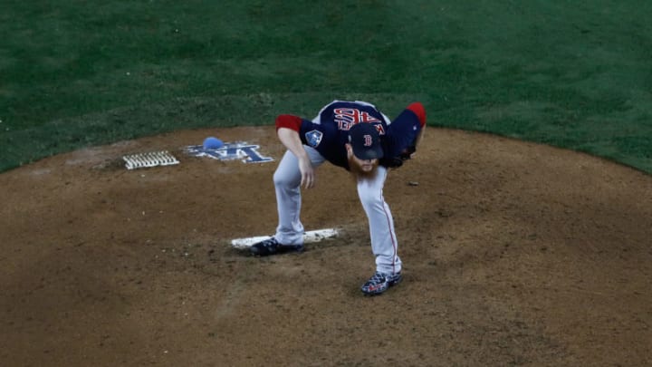 LOS ANGELES, CA - OCTOBER 26: Craig Kimbrel #46 of the Boston Red Sox prepares to deliver the pitch during the ninth inning against the Los Angeles Dodgers in Game Three of the 2018 World Series at Dodger Stadium on October 26, 2018 in Los Angeles, California. (Photo by Sean M. Haffey/Getty Images)
