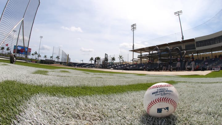 WEST PALM BEACH, FL – MARCH 13: A baseball sits on the field before a spring training baseball game between the the Atlanta Braves and the Washington Nationals at Fitteam Ballpark of the Palm Beaches on March 13, 2019 in West Palm Beach, Florida. (Photo by Rich Schultz/Getty Images)