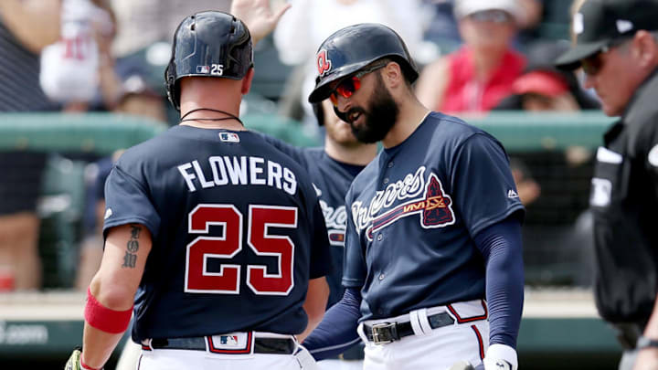Tyler Flowers and Nick Markakis of the Atlanta Braves celebrate their good fortune. (Photo by Dylan Buell/Getty Images)