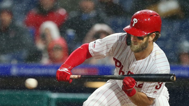 PHILADELPHIA, PA – APRIL 05: Bryce Harper #3 of the Philadelphia Phillies attempts to bunt against the Minnesota Twins during the fourth inning of a game at Citizens Bank Park on April 5, 2019 in Philadelphia, Pennsylvania. The Phillies defeated the Twins 10-4. (Photo by Rich Schultz/Getty Images)