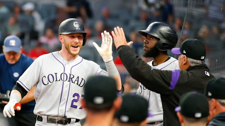 ATLANTA, GA - APRIL 26: Trevor Story #27 of the Colorado Rockies celebrates after hitting a home run in the fourth inning of an MLB game against the Atlanta Braves at SunTrust Park on April 26, 2019 in Atlanta, Georgia. (Photo by Todd Kirkland/Getty Images)