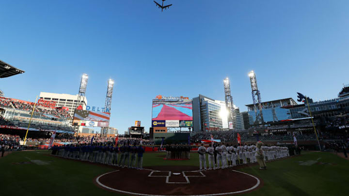ATLANTA, GEORGIA - APRIL 01: A general view of the flyover during the National Anthem prior to the game between the Atlanta Braves and the Chicago Cubs on April 01, 2019 in Atlanta, Georgia. (Photo by Kevin C. Cox/Getty Images)