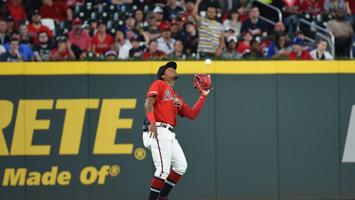 ATLANTA, GEORGIA - APRIL 05: Ronald Acuna Jr. #13 of the Atlanta Braves fields a ball during the game against the Miami Marlins at SunTrust Park on April 05, 2019 in Atlanta, Georgia. (Photo by Logan Riely/Getty Images)