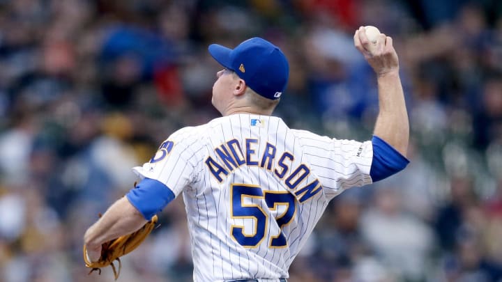 MILWAUKEE, WISCONSIN – APRIL 20: Chase Anderson #57 of the Milwaukee Brewers pitches in the first inning against the Los Angeles Dodgers at Miller Park on April 20, 2019 in Milwaukee, Wisconsin. (Photo by Dylan Buell/Getty Images)