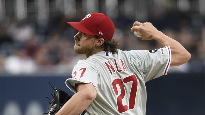 SAN DIEGO, CA – JUNE 3: Aaron  Nola #27 of the Philadelphia Phillies pitches during the first inning of a baseball game against the San Diego Padres at Petco Park June 3, 2019 in San Diego, California. (Photo by Denis Poroy/Getty Images)