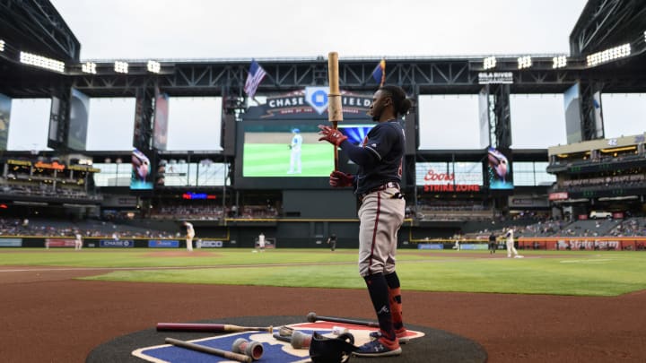 PHOENIX, ARIZONA – MAY 09: Ozzie  Albies #1 of the Atlanta Braves prepares in the on deck circle for the MLB game against the Arizona Diamondbacks at Chase Field on May 09, 2019 in Phoenix, Arizona. (Photo by Jennifer Stewart/Getty Images)