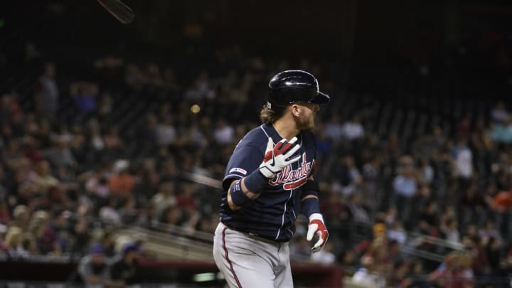 PHOENIX, ARIZONA – MAY 09: Josh Donaldson #20 of the Atlanta Braves flips his bat after hitting a solo home run in the ninth inning of the MLB game against the Arizona Diamondbacks at Chase Field on May 09, 2019 in Phoenix, Arizona. (Photo by Jennifer Stewart/Getty Images)